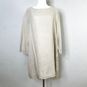 Bryn Walker Linen Tunic Dress 3/4 Sleeve Boat Neck Beige USA Lagenlook Large